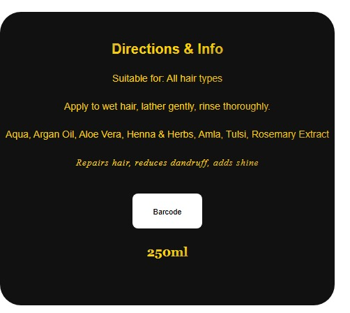 MUSHQ herbal shampoo — back label: how to use, INCI ingredients, Pakistan