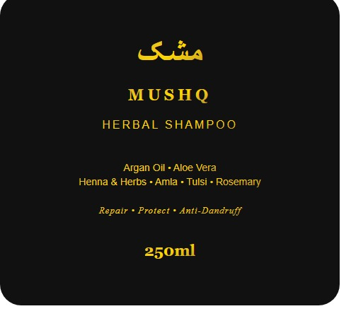 MUSHQ herbal shampoo 250ml Pakistan — front label with natural ingredients